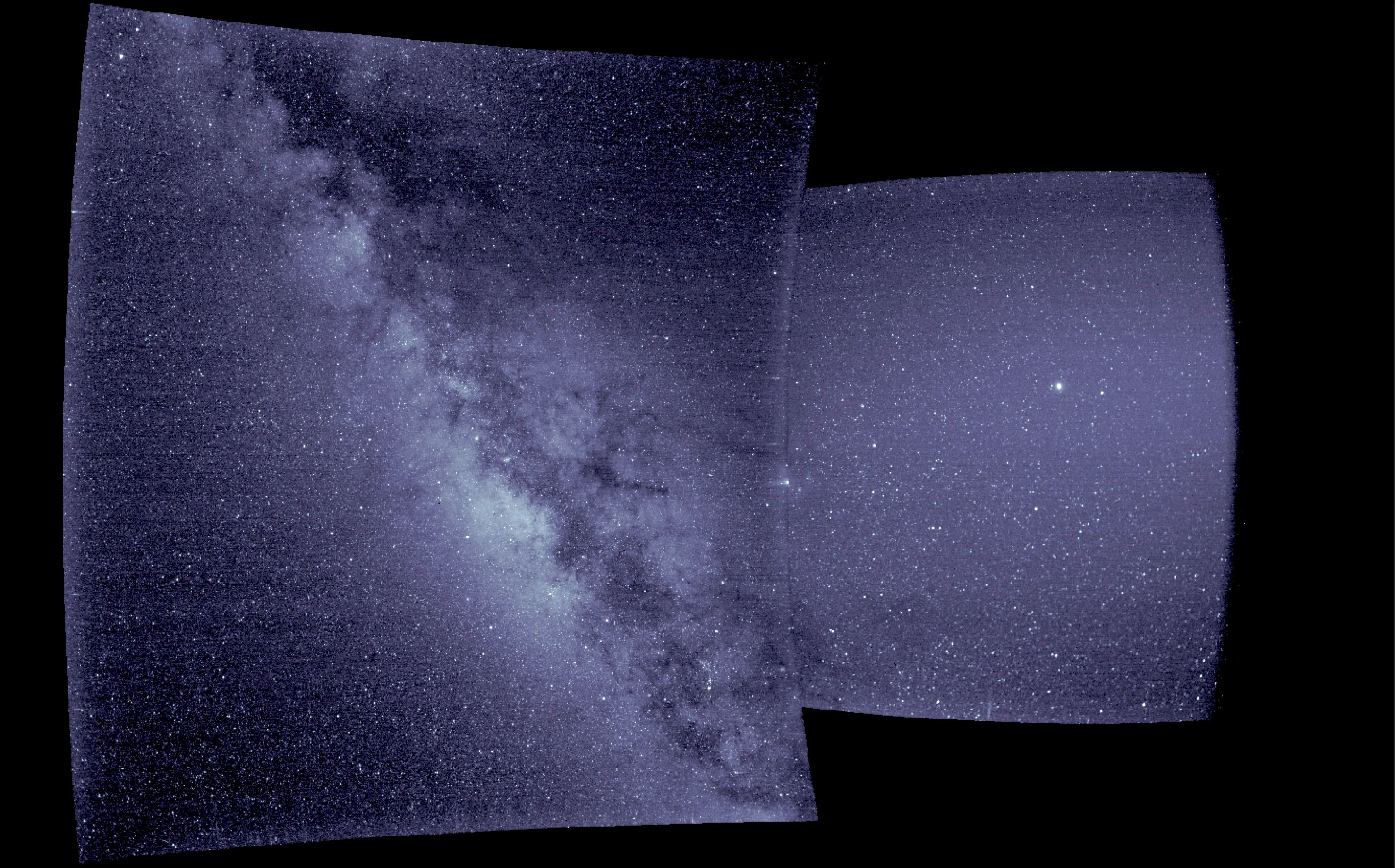 First light data from Parker Solar Probe's WISPR (Wide-field Imager for Solar Probe) instrument suite. The right side of this image — from WISPR's inner telescope — has a 40-degree field of view, with its right edge 58.5 degrees from the Sun's center. The bright object slightly to the right of the image's center is Jupiter. The left side of the image is from WISPR's outer telescope, which has a 58-degree field of view and extends to about 160 degrees from the Sun. There is a parallax of about 13 degrees in the apparent position of the Sun as viewed from Earth and from Parker Solar Probe.