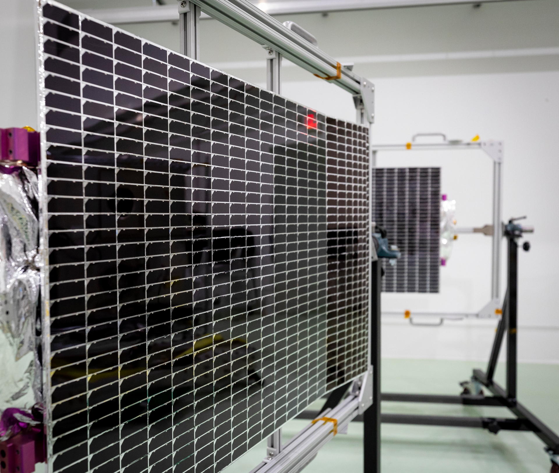 NASA’s Parker Solar Probe is powered by two solar arrays, shown here on May 2, 2018, at Astrotech Space Operations in Titusville, Florida. 