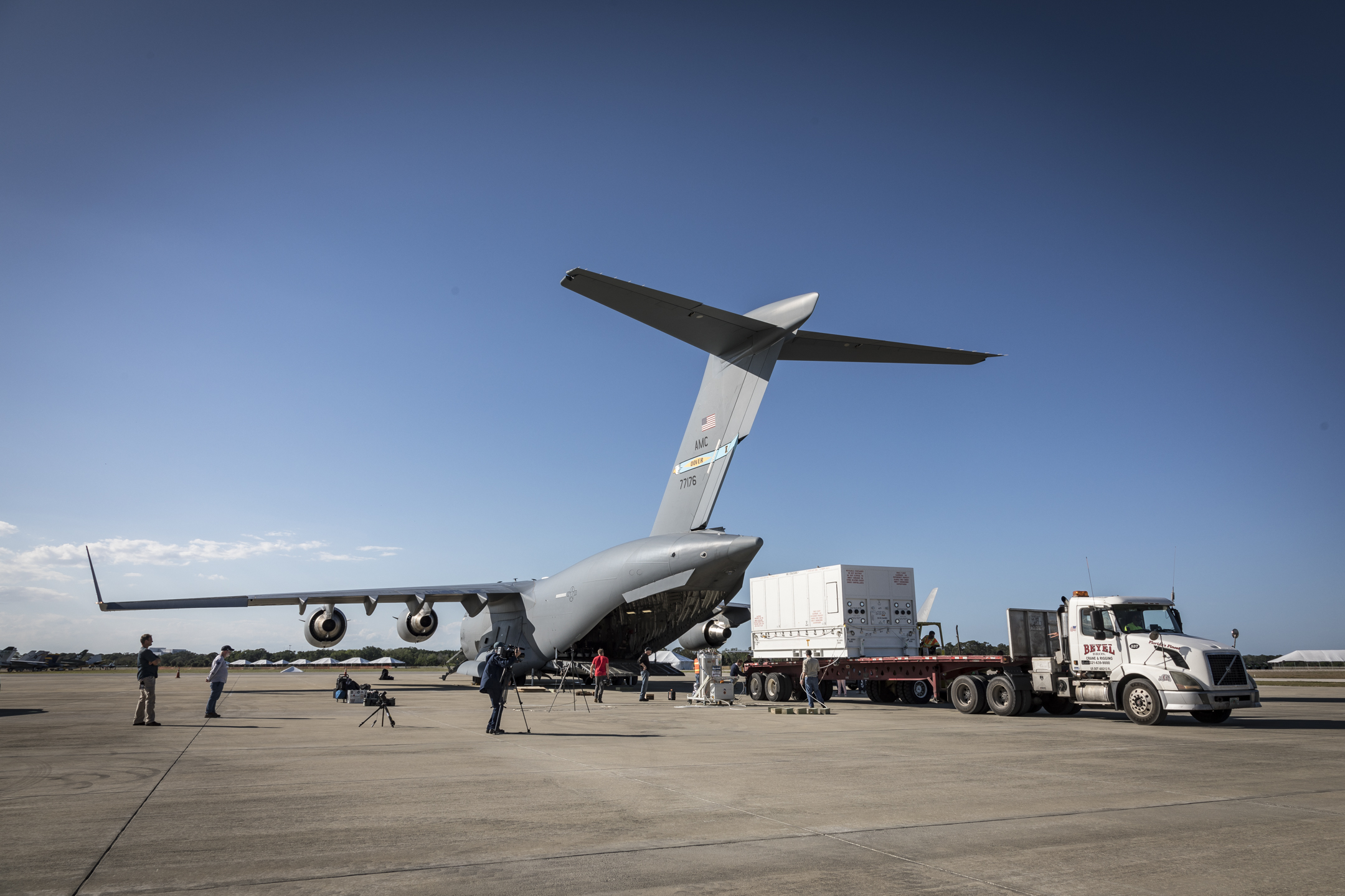 NASA’s Parker Solar Probe is loaded aboard a truck after being flown to Space Coast Regional Airport in Titusville, Florida, on the morning of April 3, 2018, by a C-17 from the United States Air Force’s 436th Airlift Wing. The spacecraft was taken to Astrotech Space Operations, also in Titusville, for pre-launch testing and preparations. 