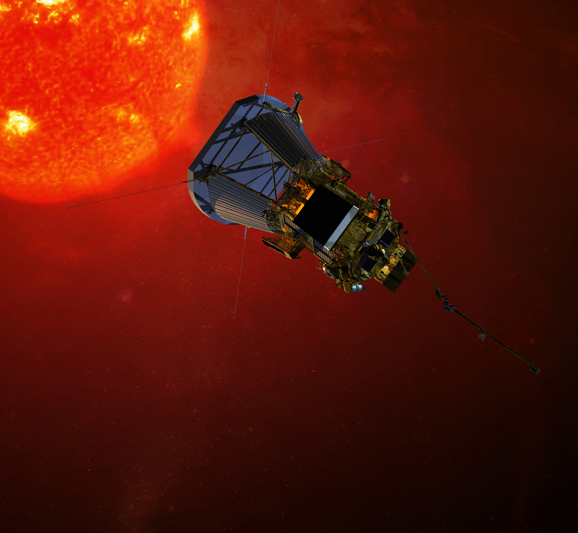 Artist’s impression of NASA’s Solar Probe Plus spacecraft on approach to the sun. Set to launch in 2018, Solar Probe Plus will orbit the sun 24 times, closing in with the help of seven Venus flybys. The spacecraft will carry 10 science instruments specifically designed to solve two key puzzles of solar physics: why the sun’s outer atmosphere is so much hotter than the sun’s visible surface, and what accelerates the solar wind that affects Earth and our solar system. The Johns Hopkins University Applied Physics Laboratory manages the Solar Probe Plus mission for NASA and leads the spacecraft fabrication, integration and testing effort.