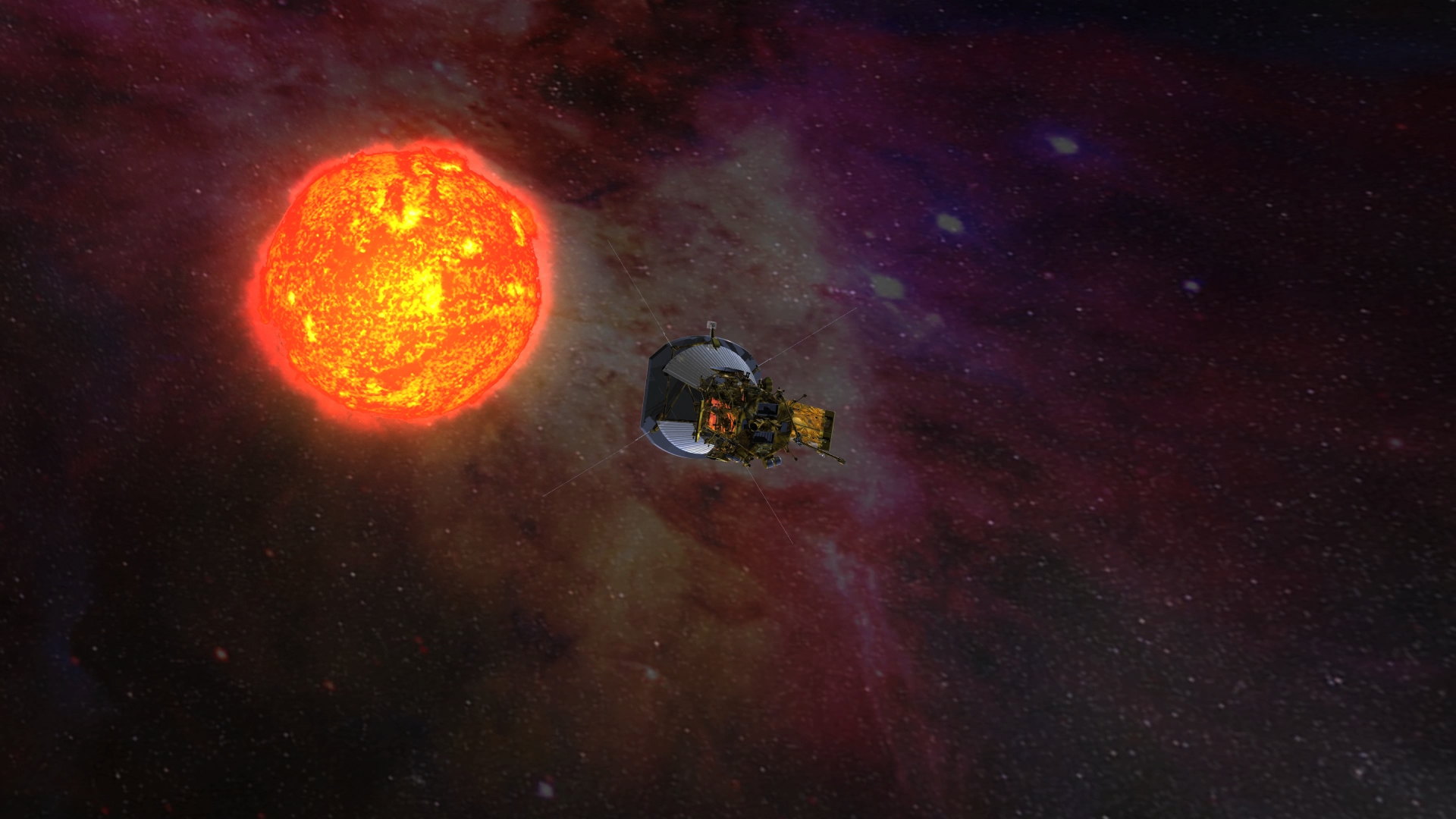 Artist rendering of Solar Probe Plus, solar panels folded into the shadows of its protective shield, as it gathers data on its approach to the Sun.