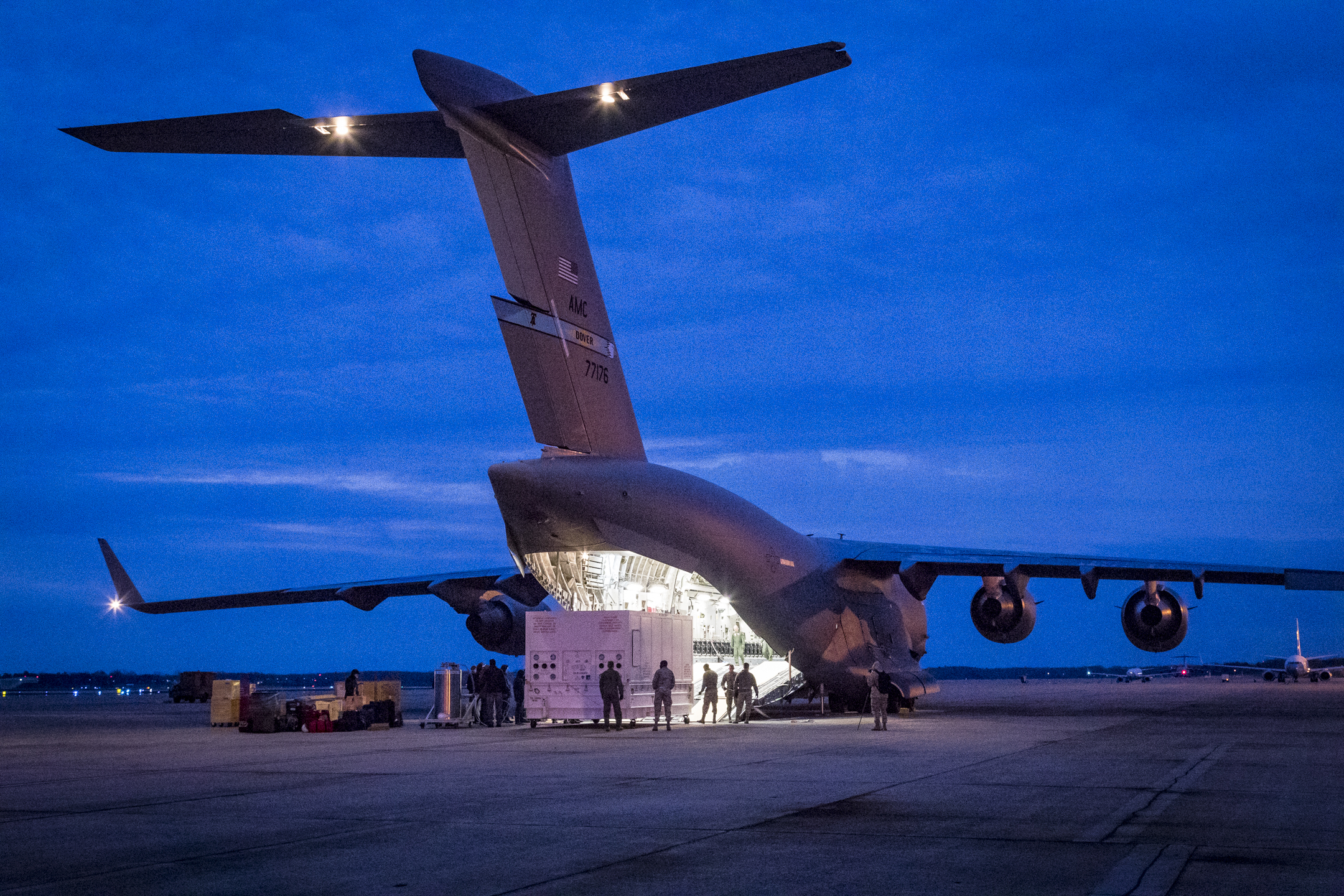 Inside its protective shipping container, NASA’s Parker Solar Probe is loaded into a C-17 from the United States Air Force’s 436th Airlift Wing at Joint Base Andrews in Maryland in the early morning of April 3, 2018. From Joint Base Andrews, the spacecraft was flown to Titusville, Florida, where it was taken to Astrotech Space Operations for pre-launch testing and preparations. 