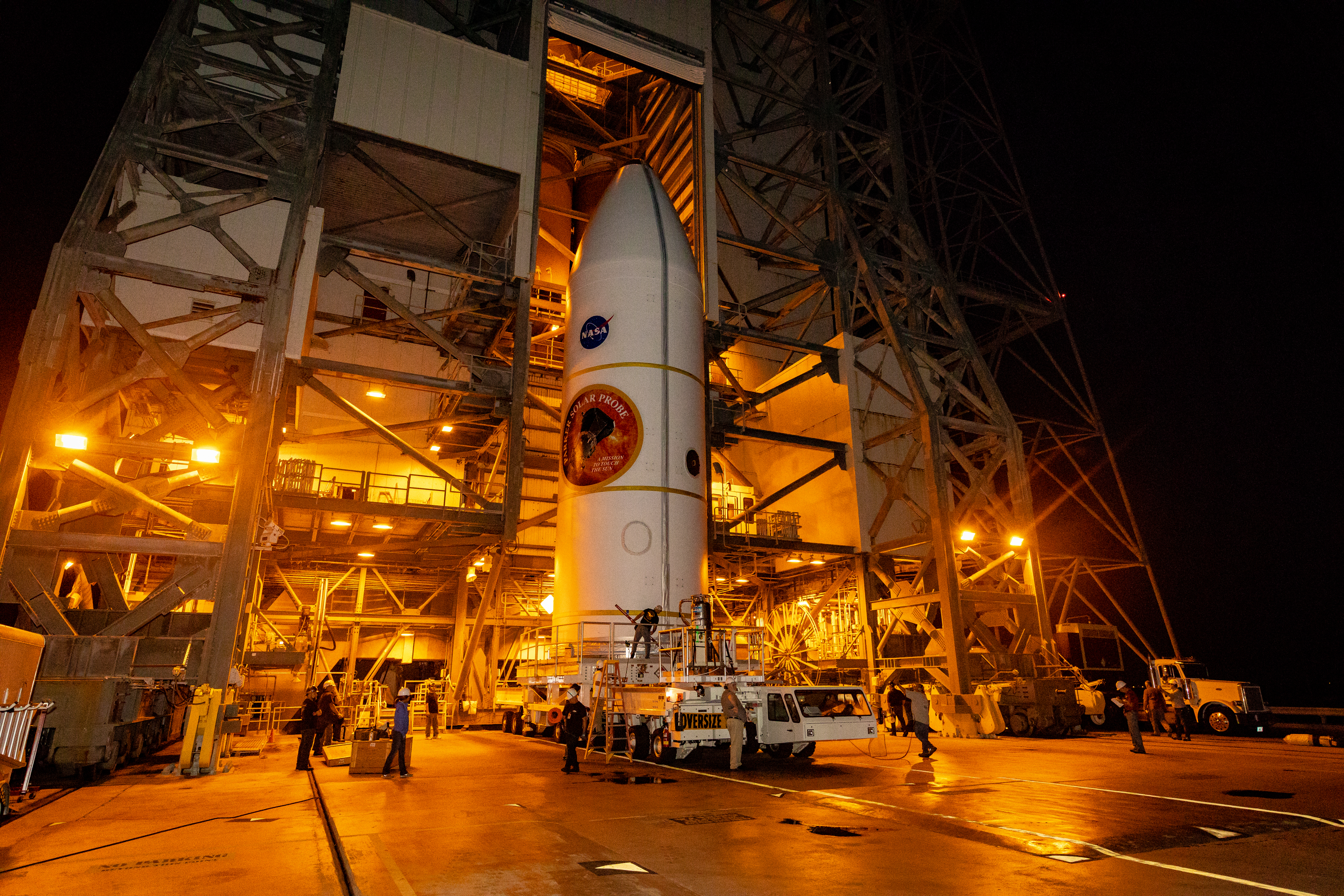 NASA’s Parker Solar Probe, shown on July 31, 2018 at Space Launch Complex 37 on Cape Canaveral Air Force Station, at the United Launch Alliance Delta IV Heavy Vertical Integration Facility.