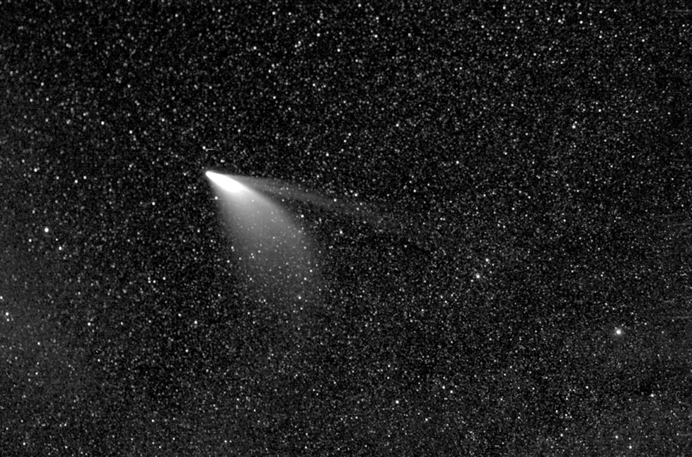 Processed data from the WISPR instrument on NASA’s Parker Solar Probe shows greater detail in the twin tails of comet NEOWISE, as seen on July 5, 2020. The lower, broader tail is the comet’s dust tail, while the thinner, upper tail is the comet’s ion tail.