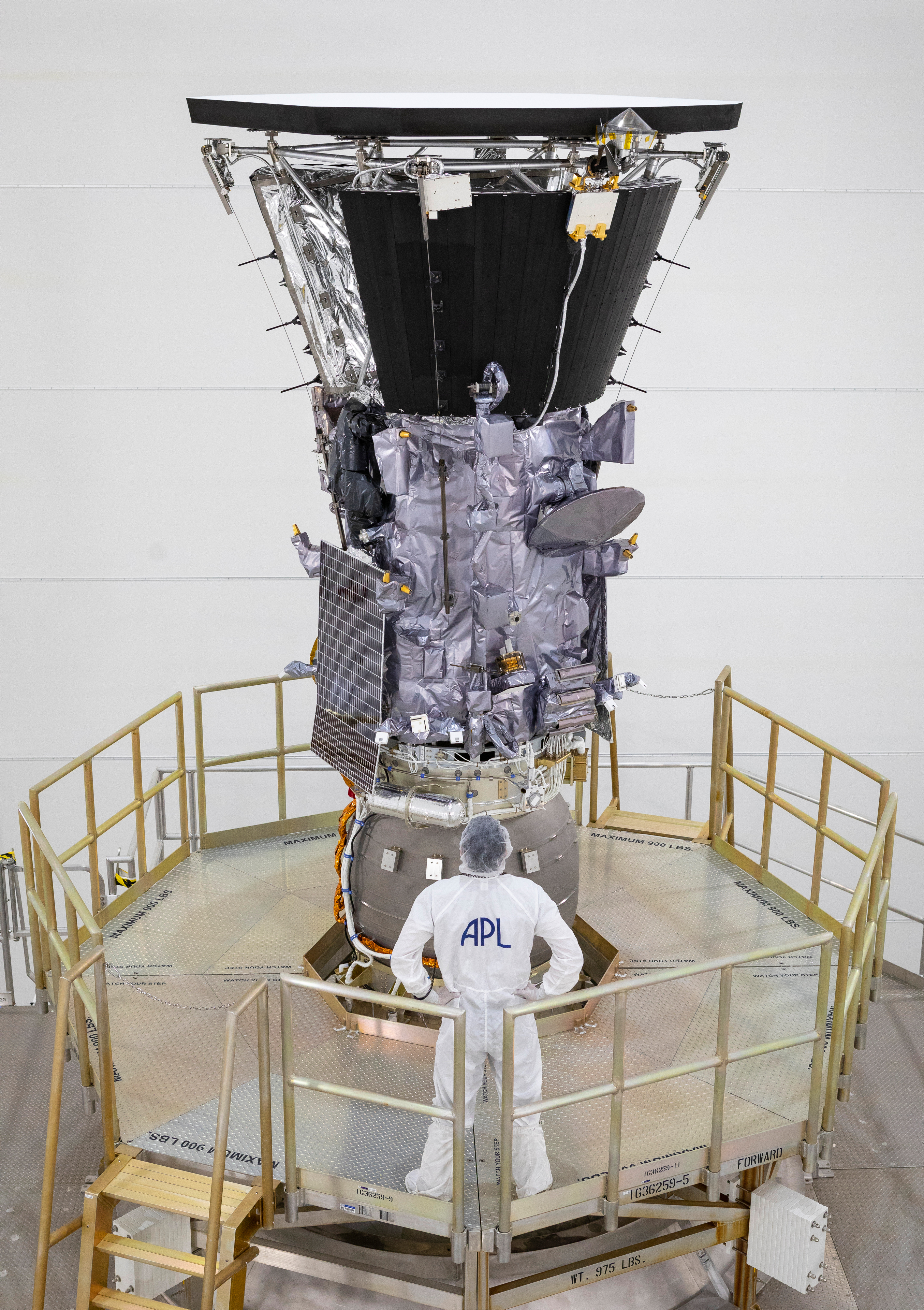 NASA’s Parker Solar Probe is shown here mated to its third stage rocket motor on July 16, 2018, at Astrotech Space Operations in Titusville, Florida. In addition to using the largest operational launch vehicle, the Delta IV Heavy, Parker Solar Probe will use a third stage rocket to gain the speed needed to reach the Sun, which takes 55 times more energy than reaching Mars. 