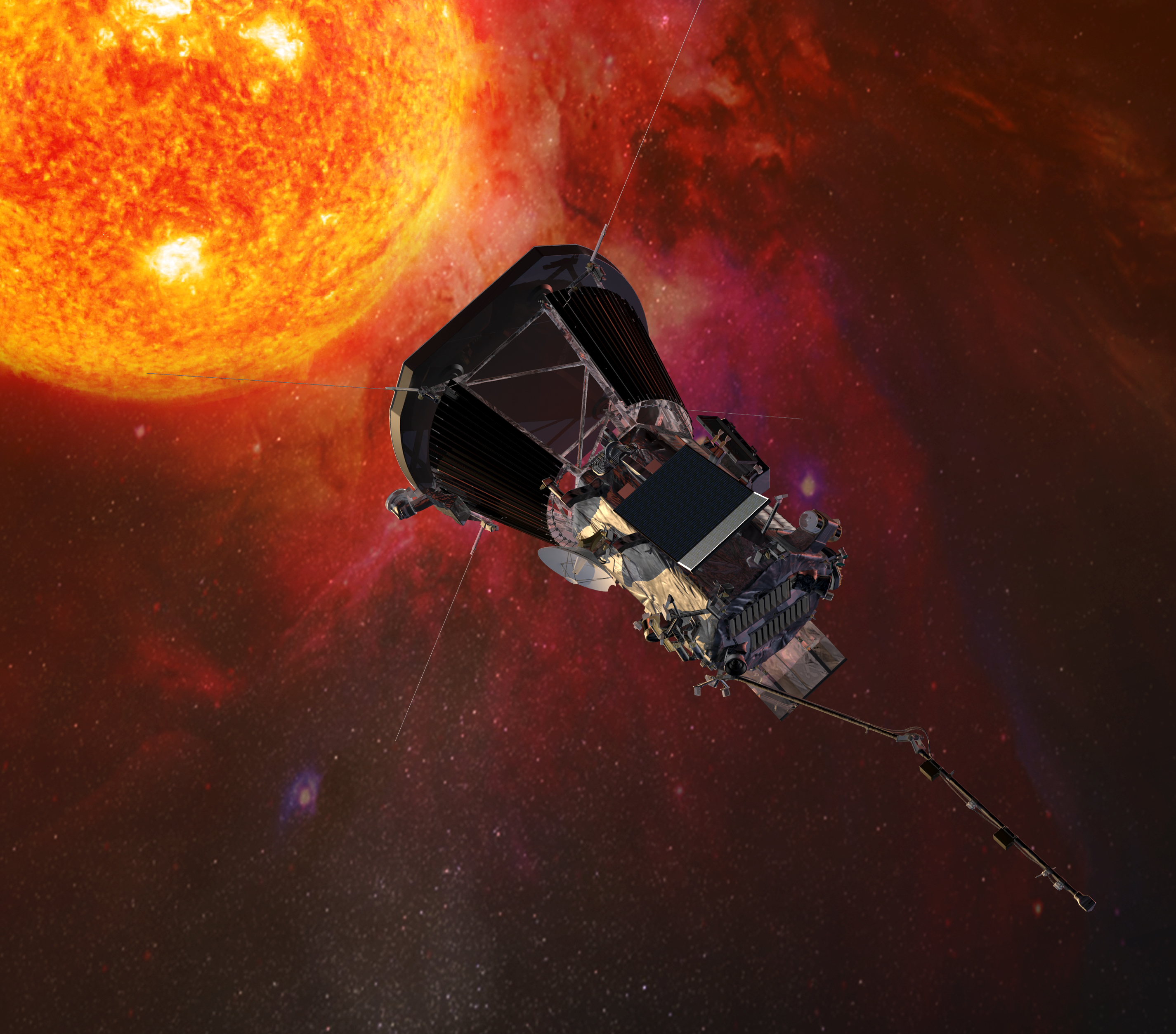 The solar panels are shown here on this artist rendering of Parker Solar Probe; they are the black squares with gray rectangles on the center of the spacecraft.