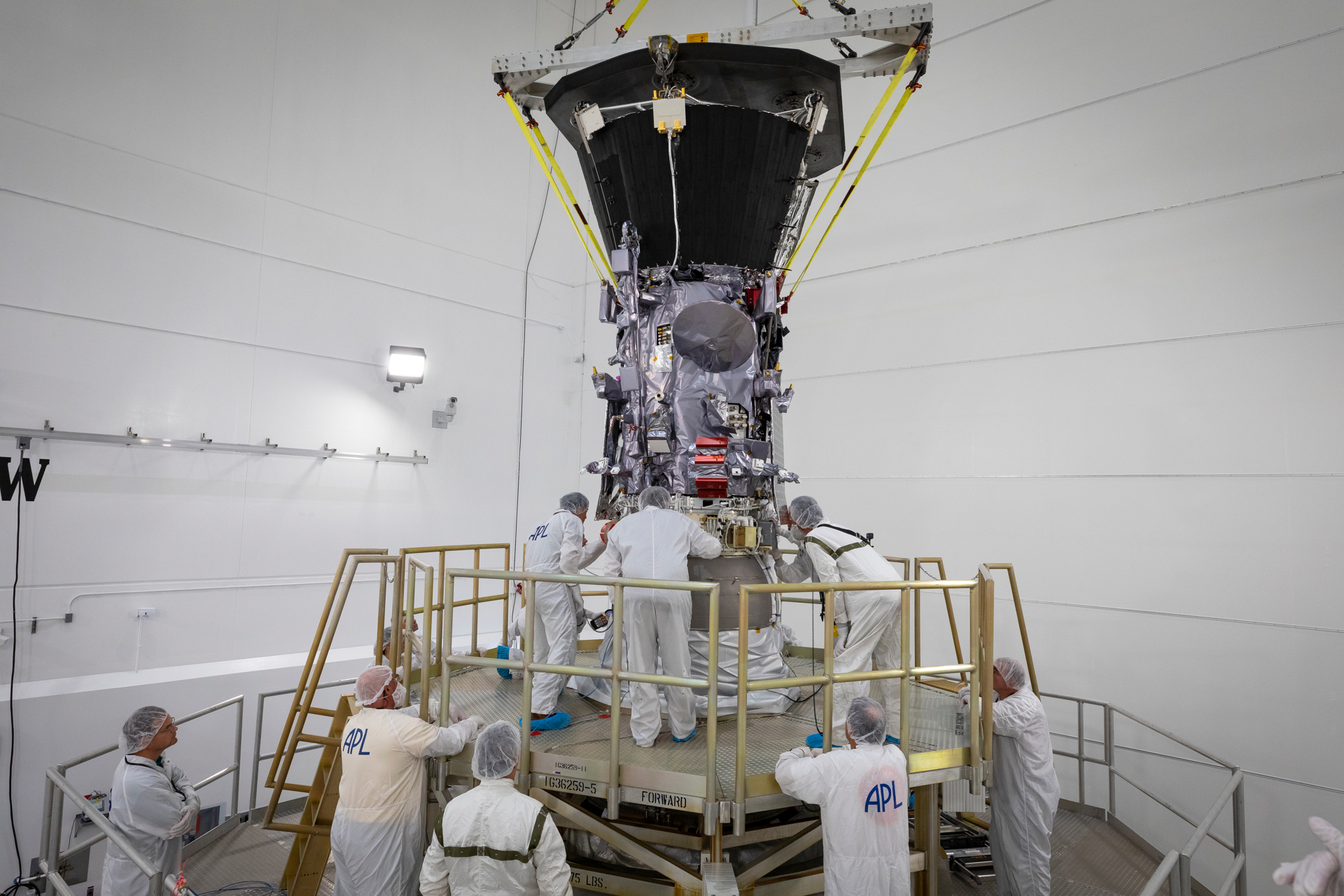 NASA’s Parker Solar Probe is mated to the third stage rocket motor on July 11, 2018, at Astrotech Space Operations in Titusville, Florida. In addition to using the largest operational launch vehicle, the Delta IV Heavy, Parker Solar Probe will use a third stage rocket to gain the speed needed to reach the Sun, which takes 55 times more energy than reaching Mars. 