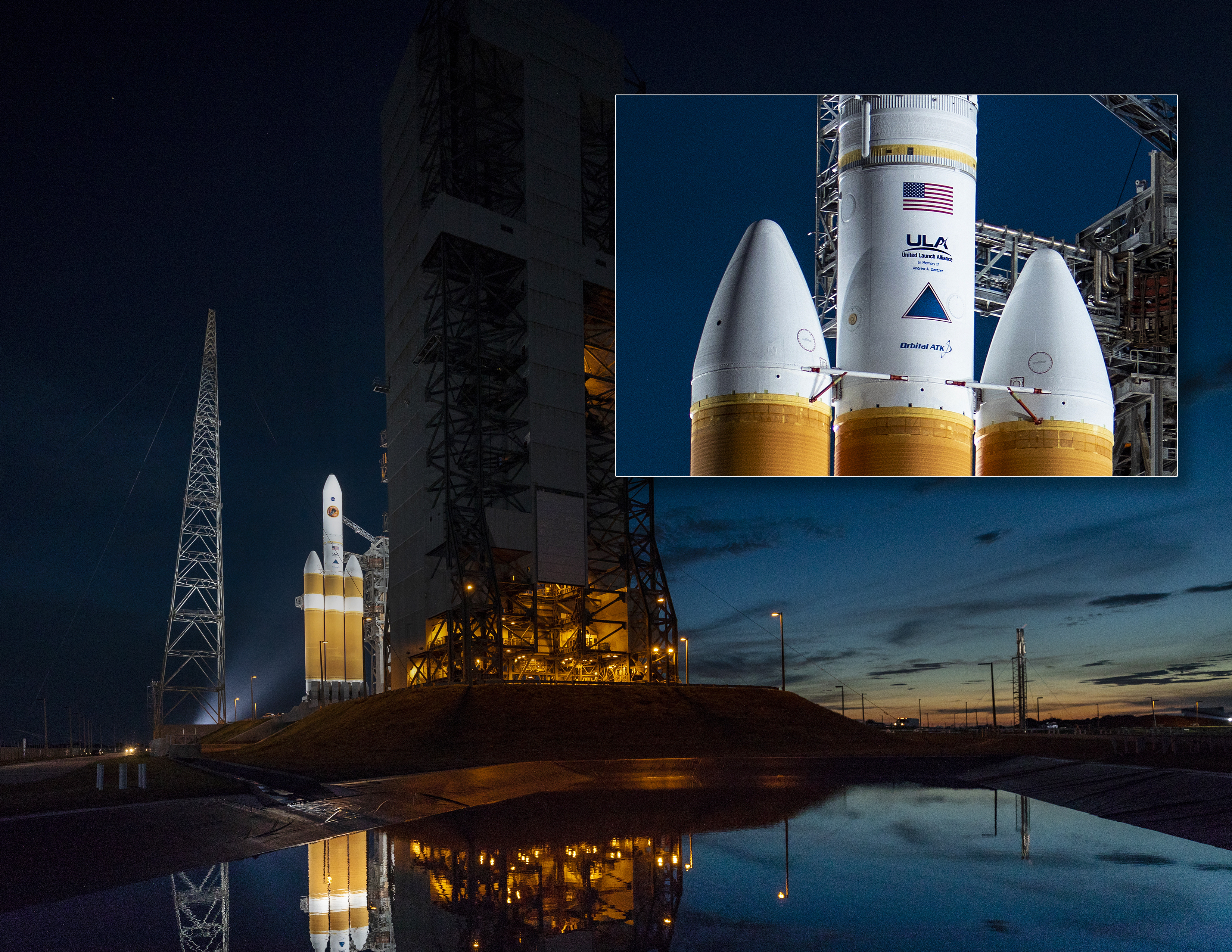 The Delta IV Heavy rocket that carried Parker Solar Probe on its mission to touch the Sun; inset of dedication to APL's Andy Dantzler.