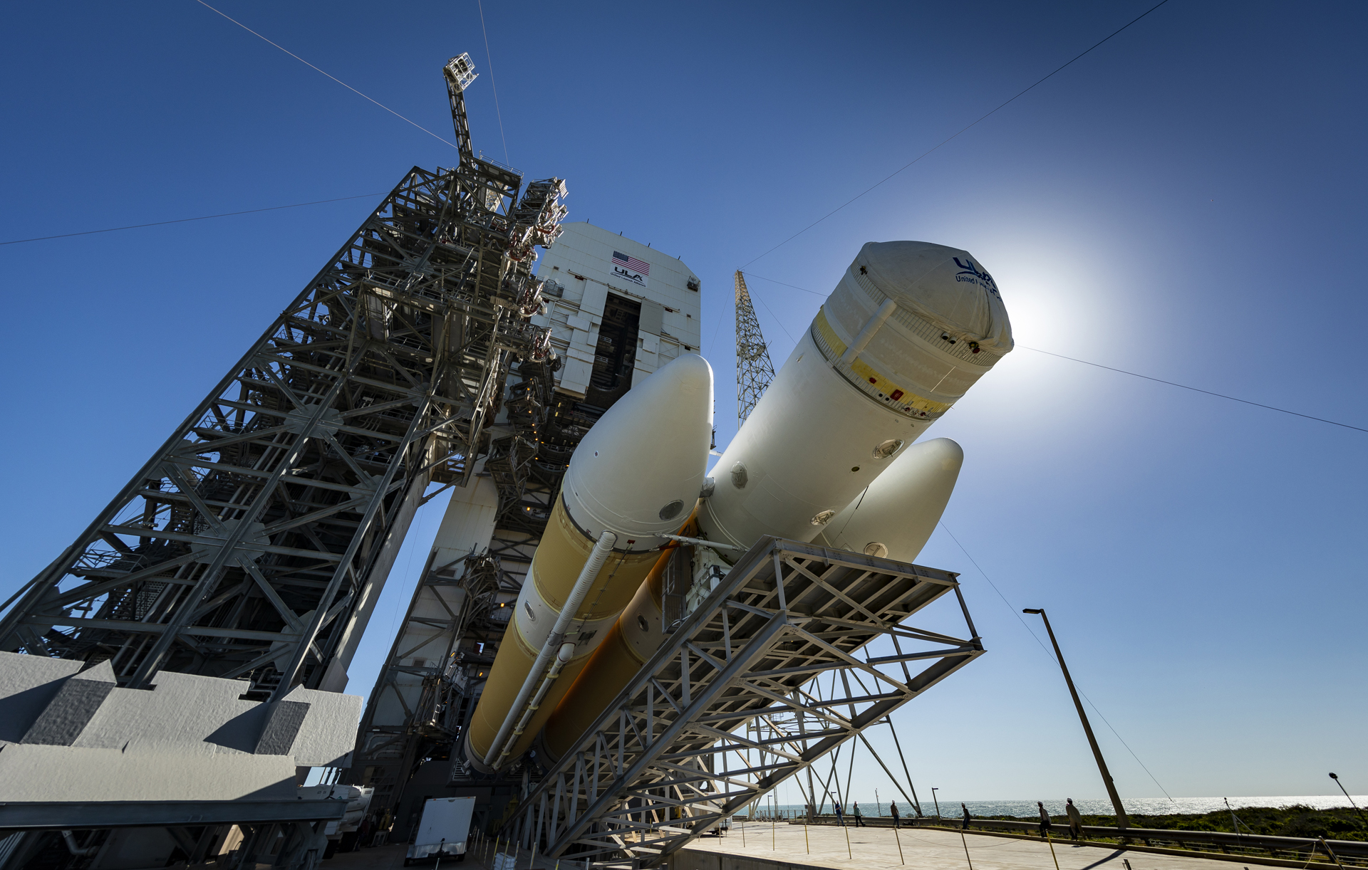 The United Launch Alliance Delta IV Heavy that will carry Parker Solar Probe is raised at Launch Complex 37 at Cape Canaveral Air Force Station in Florida on April 17, 2018. 