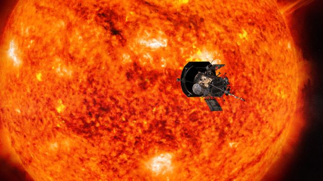 Illustration of the Parker Solar Probe spacecraft approaching the Sun. 