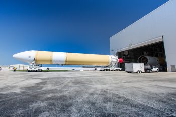 A United Launch Alliance Delta IV Heavy common booster core arrives at the Horizontal Integration Facility at Cape Canaveral Air Force Station for preflight processing. The Delta IV Heavy will launch NASA’s upcoming Parker Solar Probe mission. 