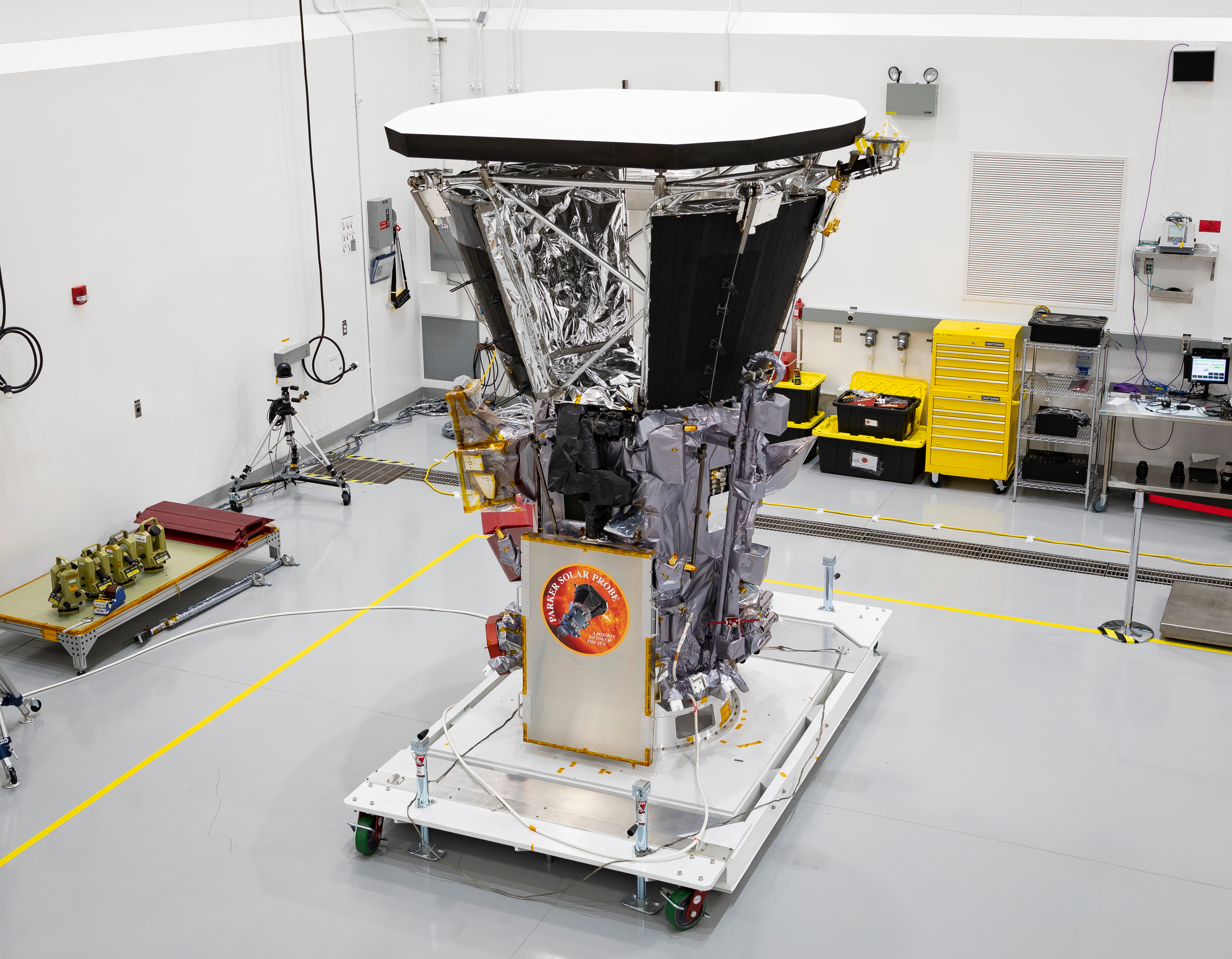 The final design: The actual Parker Solar Probe spacecraft shown during launch preparations in a cleanroom at Astrotech Space Operations in Titusville, Florida, in July 2018.
