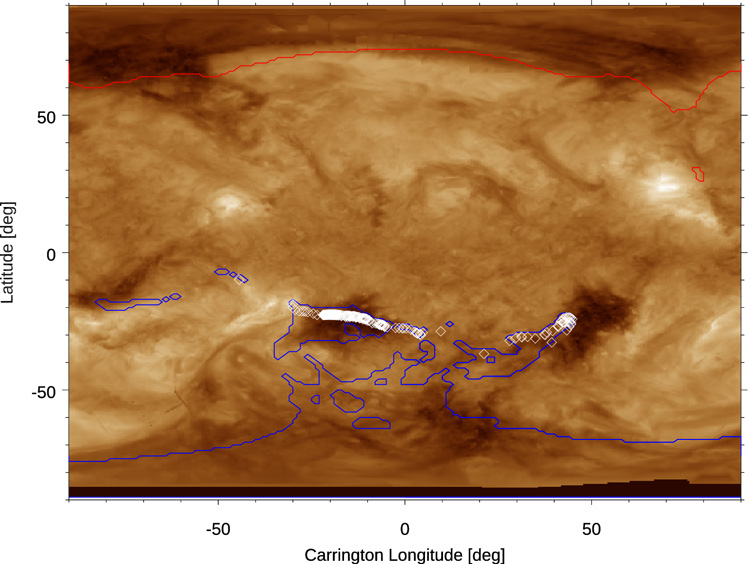 The previous image marked with colored lines that indicate the boundaries of the open field lines (outward-pointing is red, inward-pointing is blue) as predicted by a computer model. These regions correspond well to the coronal holes in the EUV map. The white boxes show the points of origin of the magnetic field lines that the Parker Solar Probe passed through as it traveled across the sun’s surface.