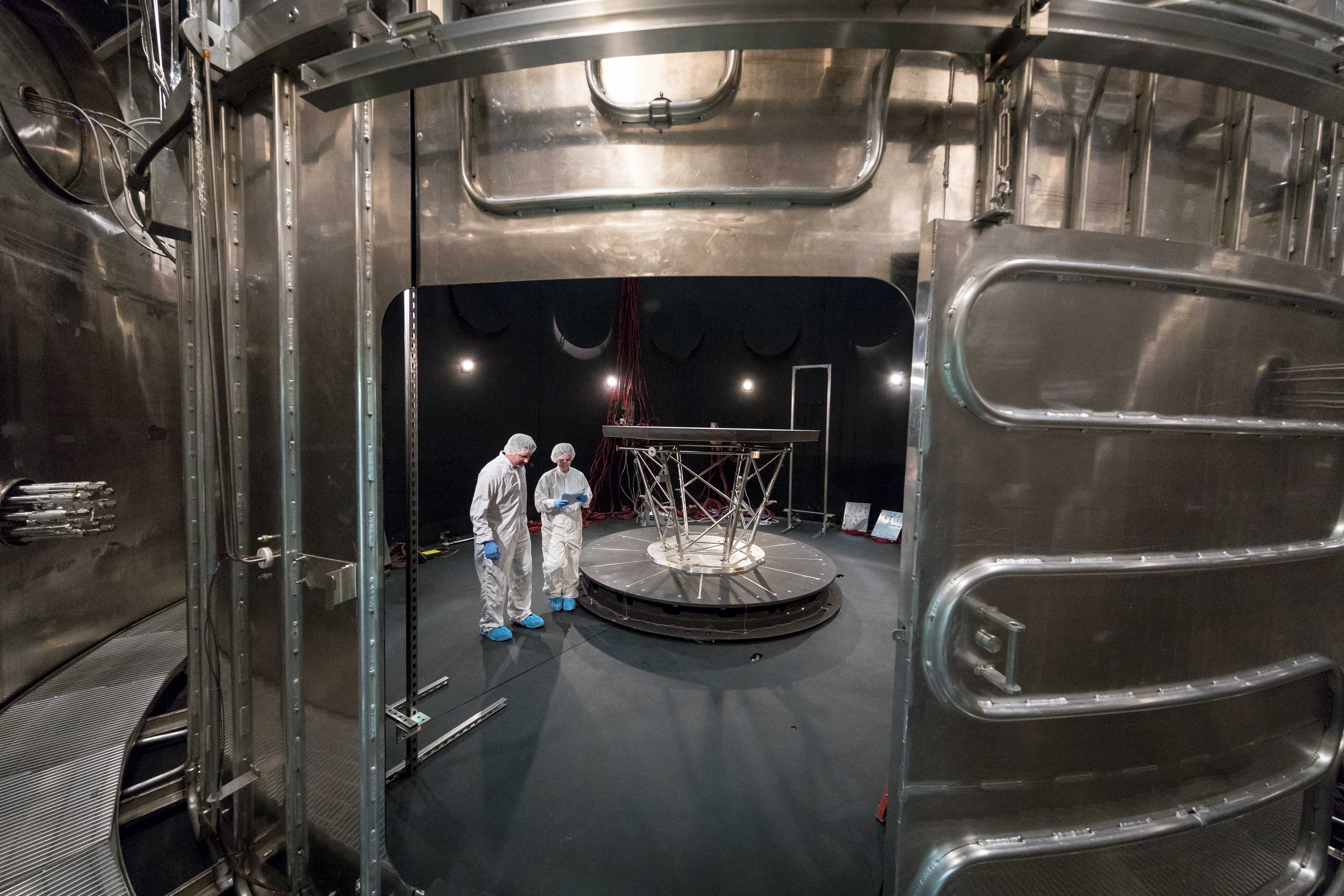 Parker Solar Probe's Thermal Protection System (TPS) - the heat shield that will protect the spacecraft from the Sun's intense heat - is lowered into the Thermal Vacuum Chamber at NASA's Goddard Space Flight Center in preparation for environmental testing. 