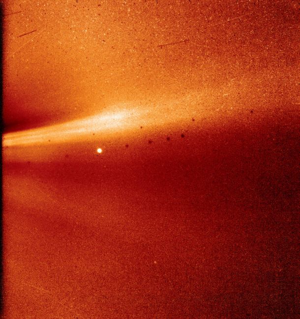 This image from Parker Solar Probe’s WISPR (Wide-field Imager for Solar Probe) instrument shows a coronal streamer, seen over the east limb of the Sun on Nov. 8, 2018, at 1:12 a.m. EST. Parker Solar Probe was about 16.9 million miles from the Sun’s surface when this image was taken. The bright object near the center of the image is Mercury, and the dark spots are a result of background correction.