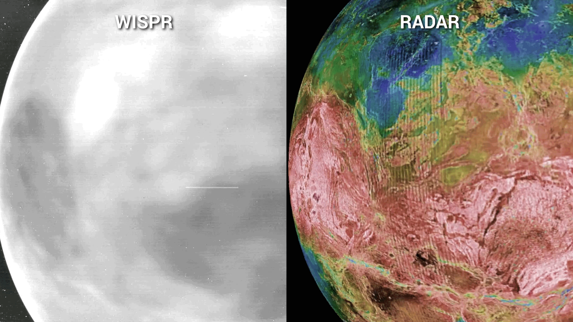 The Magellan mission mapped the surface of Venus with radar in the 1990s. The images gave the first global view of what was below Venus’ thick clouds. Surface features seen in the WISPR images (left) match ones seen in those from the Magellan mission (right).