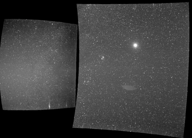 The view from Parker Solar Probe's WISPR instrument on Sept. 25, 2018, shows Earth, the bright sphere near the middle of the right-hand panel. The elongated mark towards the bottom of the panel is a lens reflection from the WISPR instrument. 